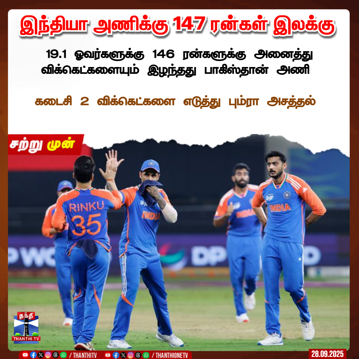 ThanthiTV's tweet photo. இந்தியா அணிக்கு 147 ரன்கள் இலக்கு
19.1 ஓவர்களுக்கு 146 ரன்களுக்கு அனைத்து விக்கெட்களையும் இழந்தது பாகிஸ்தான் அணி
கடைசி 2 விக்கெட்களை எடுத்து பும்ரா அசத்தல்
#bcci #indiancricketteam #asiancupfinal #indvspak2025 #ThanthiTV https://t.co/2wDkC9PMAK
