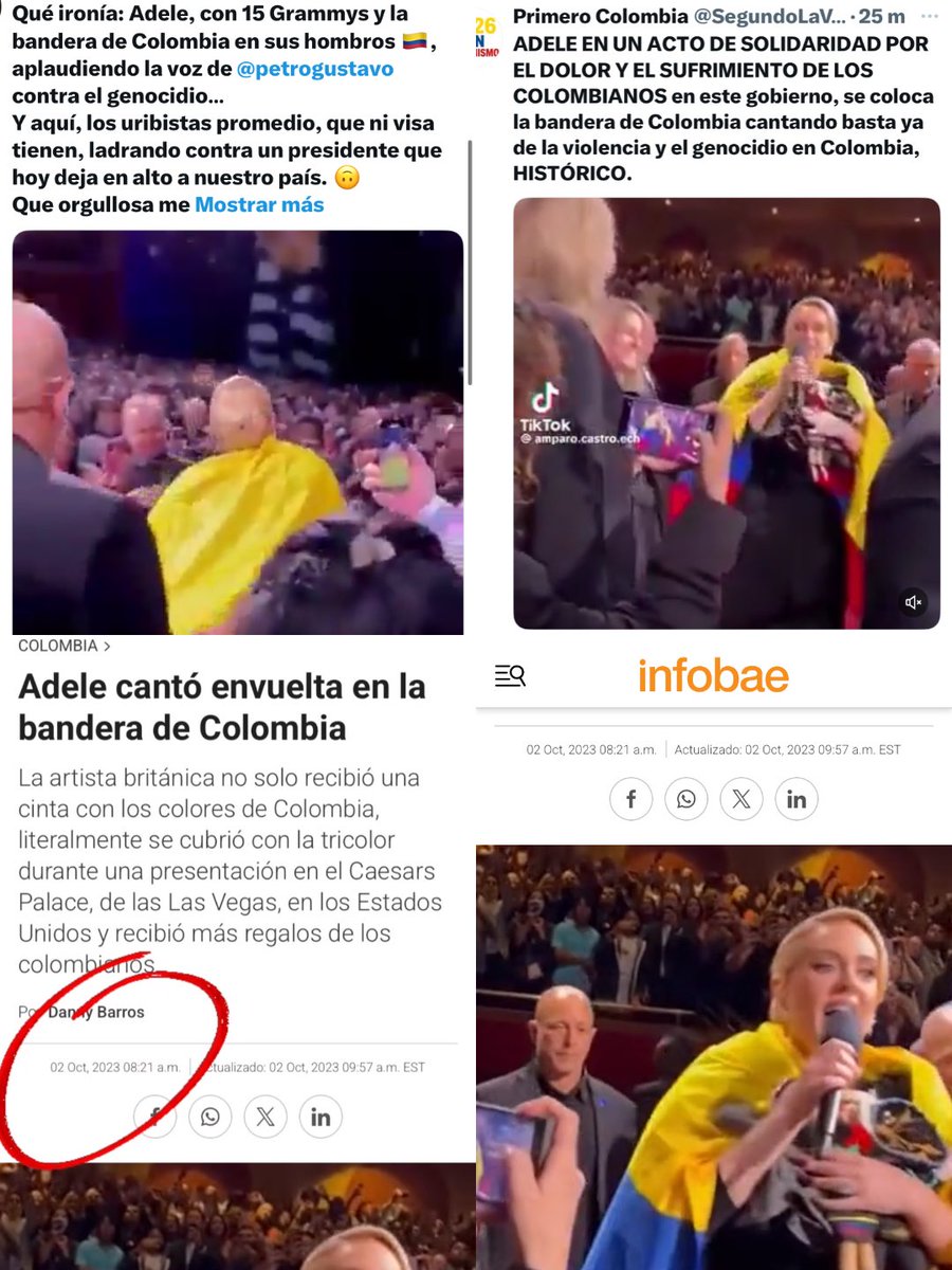 Está circulando una imagen de Adele envuelta en la bandera de Colombia. Algunos la usan para decir que apoya la posición del presidente Gustavo Petro frente a Palestina, otros, para afirmar que es un gesto hacia Colombia en estos momentos difíciles.

Ni una cosa ni la otra. La