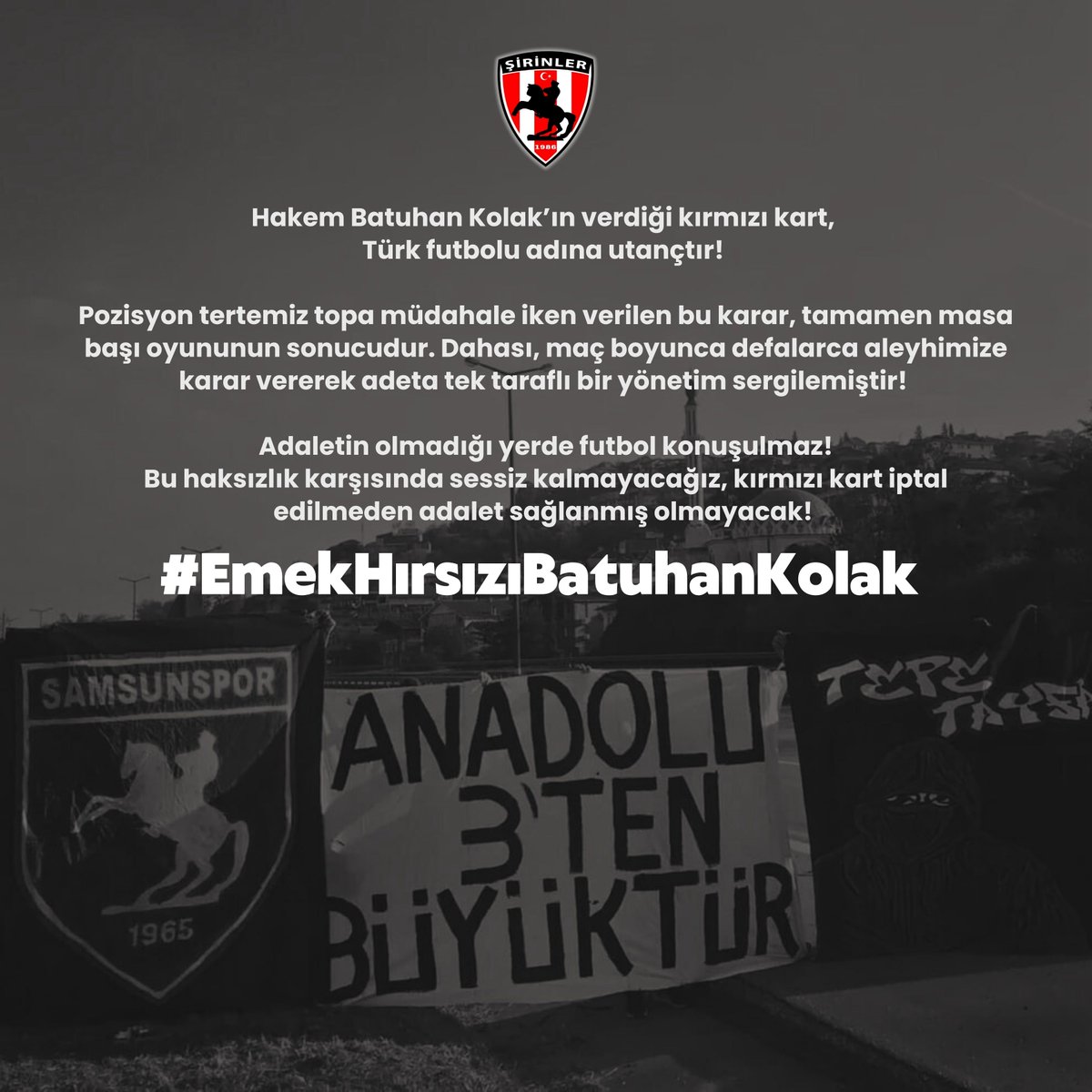 Hakem Batuhan Kolak’ın verdiği kırmızı kart, Türk futbolu adına utançtır! ❌⚖️

Pozisyon tertemiz topa müdahale iken verilen bu karar, tamamen masa başı oyununun sonucudur. Dahası, maç boyunca defalarca aleyhimize karar vererek adeta tek taraflı bir yönetim sergilemiştir!