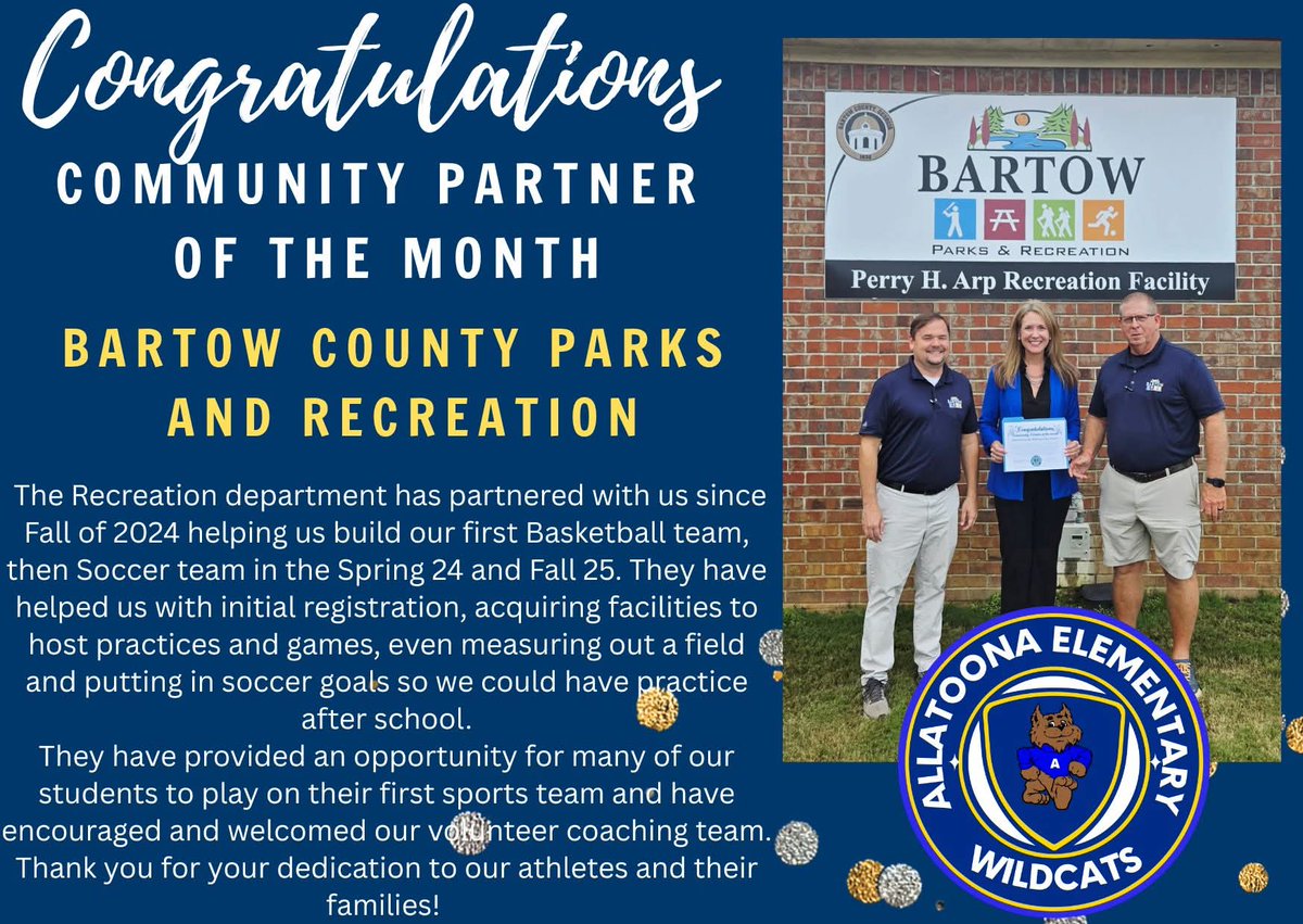 CONGRATULATIONS COMMUNITY PARTNER OF THE MONTH Bartow County Parks and Rec
Helping us with initial registration, acquiring facilities for basketball, even measuring out a field and putting in soccer goals so we could have practice after school! <a href="/bartowschools/">Bartow Schools</a>