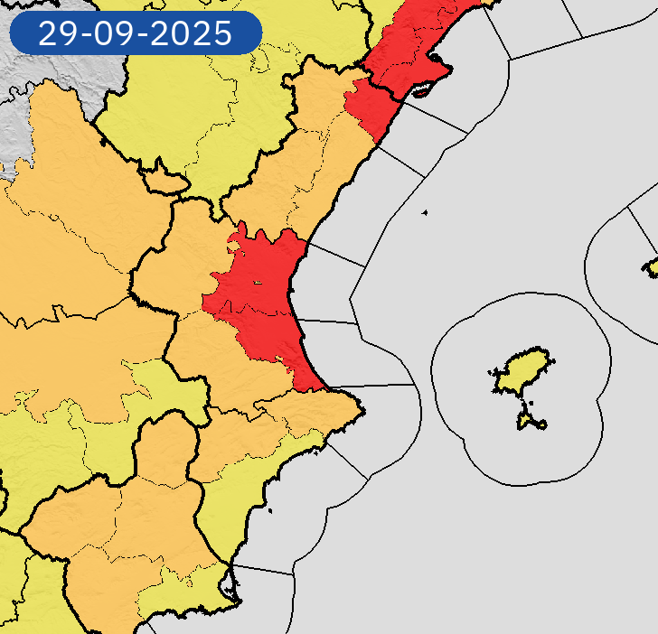 28/09 18:54 Avisos  activos hoy y mañana en Comunitat Valenciana por lluvias y tormentas. Nivel máximo de aviso: rojo.
Actualizaciones en aemet.es/es/eltiempo/pr…