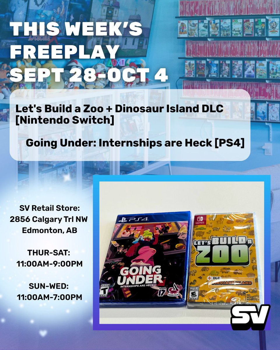 MyShopville's tweet image. This week you can try out the following games at our retail store: Let's Build a Zoo + Dinosaur Island DLC [Nintendo Switch] and Going Under: Internships are Heck [PS4]

📍2856 Calgary Trl NW, Edmonton, AB T6J 6V7

#freeplay #shopville #retailstore #yeg #edmonton