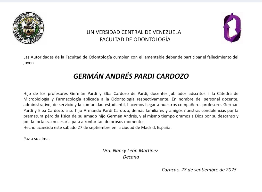 Lamentamos informar el fallecimiento del joven Germán Andrés Pardi Cardozo. Paz a su alma.

#UCV #Odontología