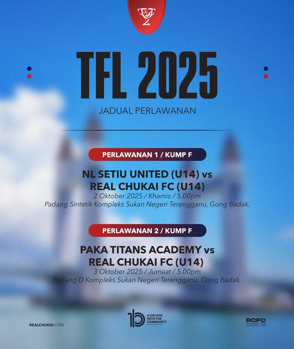Jadual perlawanan yang melibatkan pasukan Real Chukai FC di TERENGGANU FOOTBALL LEAGUE 2025 (U14) dalam Kumpulan F hujung minggu ini .

#theanchors
#realchukaifc
#realchukaifootballacademy