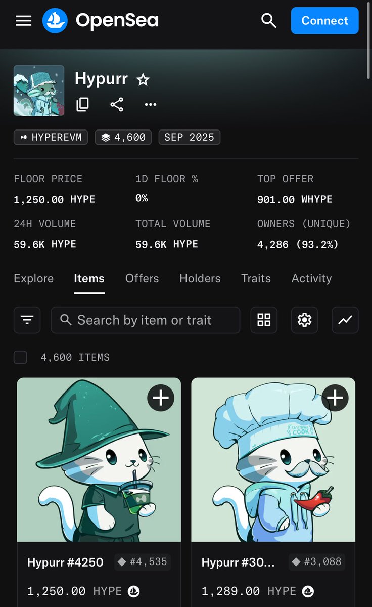 🤯🤯🤯 Hypurr NFTs are now deployed on HyperEVM as of an hour ago. Floor  price is 1,250 $HYPE ($56K) & already 60K $HYPE volume in 24hr. If you  received an NFT it