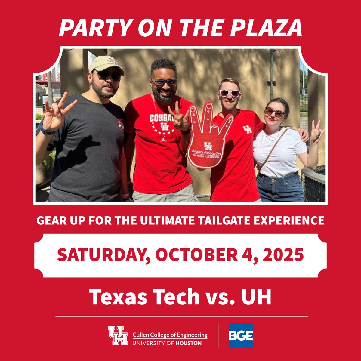 UHEngineering's tweet image. 🎉 Get ready for the first Cullen College Alumni tailgate of the season!
🍔 Tailgating starts at 3 PM | 🏈 Kickoff at 6 PM
Reconnect, network & show your Cougar pride!
🙌 Thanks to our sponsor, BGE!
🎟️ egr.uh.edu/eaa/activities…