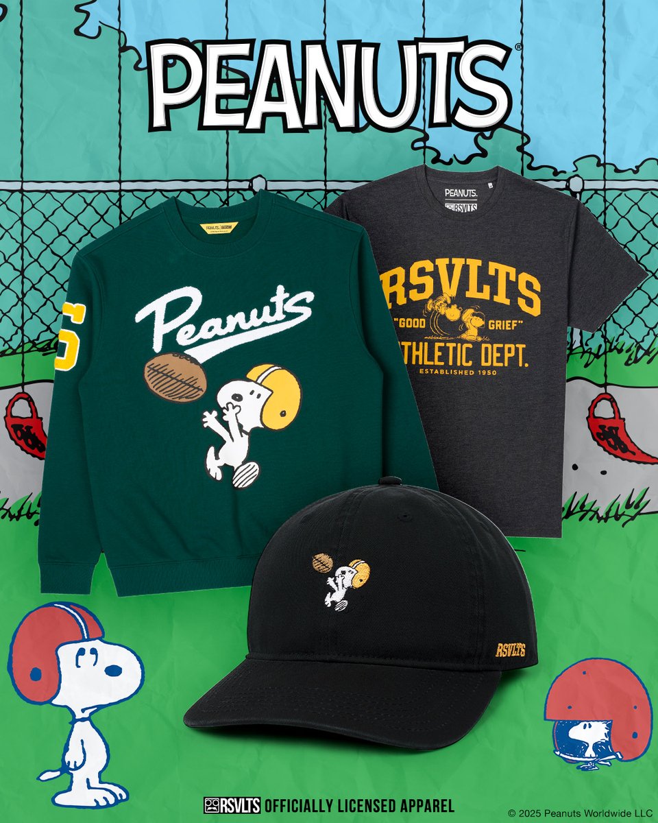 RSVLTS's tweet photo. The gang hits the gridiron on this Peanuts x RSVLTS capsule collection!

Snoopy, Woodstock, and Charlie Brown have their game faces on as these football-themed threads gear you up for the thrill of victory… and the agony of “Good grief!" 🏈 https://t.co/S9Vq01W1He