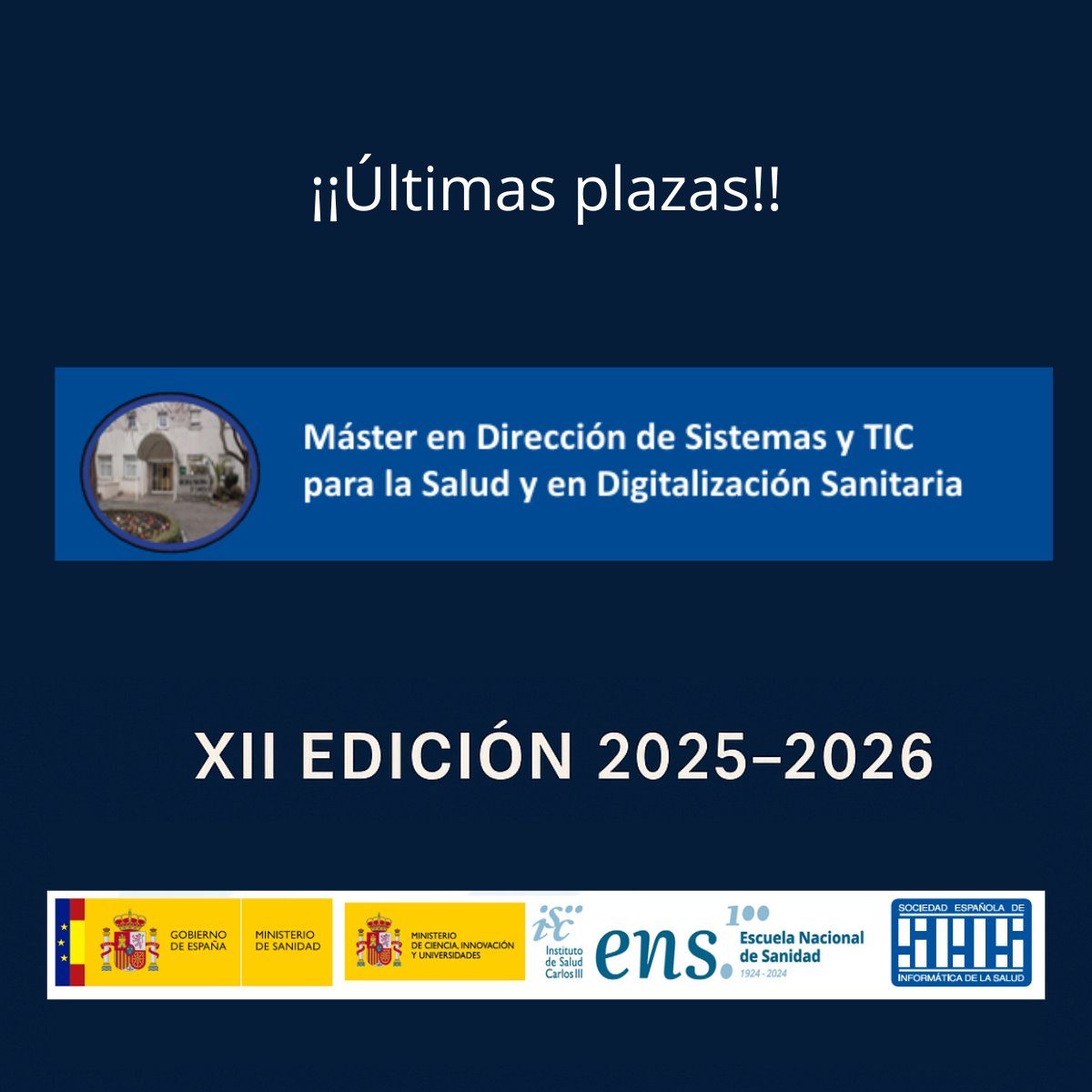 SEISeSalud's tweet photo. #SEIS #MDSTICS_DS #SaludDigital #TransformaciónDigital #GestiónSanitaria #TICenSalud
Nos preparamos para dar comienzo a la Edición 2025-2026 del Máster en Dirección de Sistemas y TIC para la Salud y en Digitalización Sanitaria.
Este programa se ha consolidado como una referencia en la formación de directivos y profesionales que lideran la transformación digital en la sanidad.
Quedan muy pocas plazas para completar esta nueva edición.
Si quieres dar un impulso a tu carrera profesional y participar en un entorno de aprendizaje práctico, colaborativo y conectado con los retos reales del sector, este es el momento de asegurarte tu lugar.
Toda la información e inscripciones en: https://t.co/NQJmhDXNb1