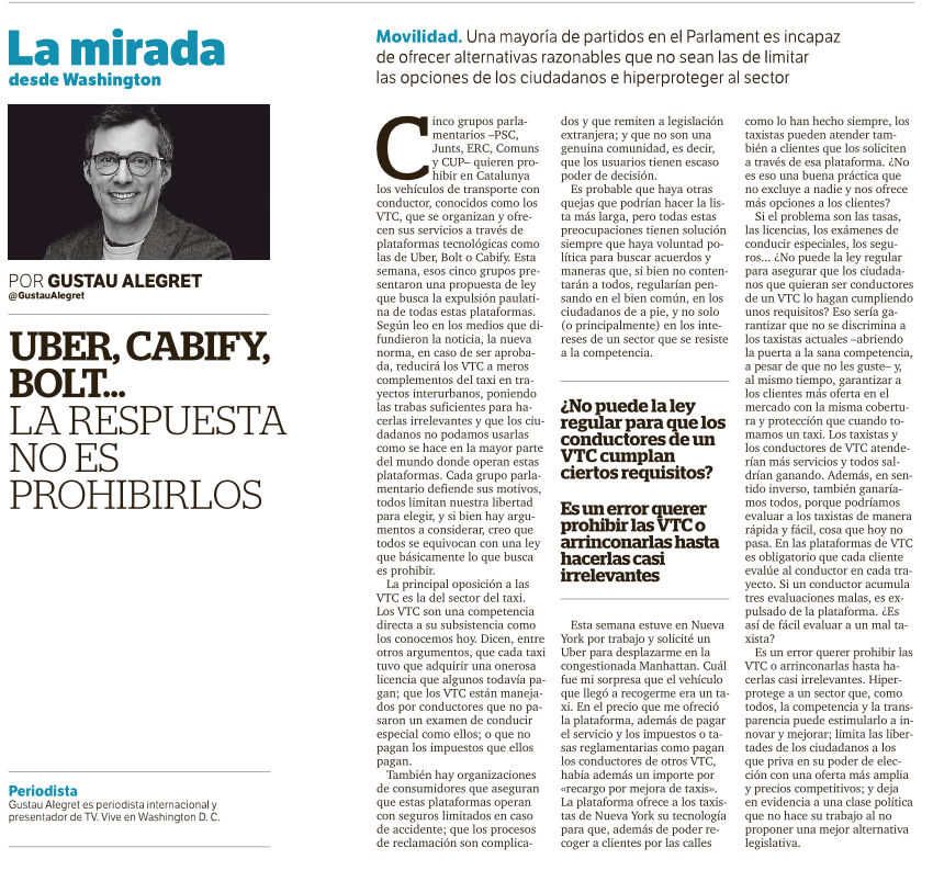 🚘Cinco partidos en Catalunya quieren hacer irrelevantes <a href="/Uber/">Uber</a>, @BoltApp, @Cabify… las #VTC: hiperprotegen al #taxi, limitan las libertades de los ciudadanos y quedan en evidencia al no ser capaces de proponer una mejor alternativa legislativa…

Mi artículo en