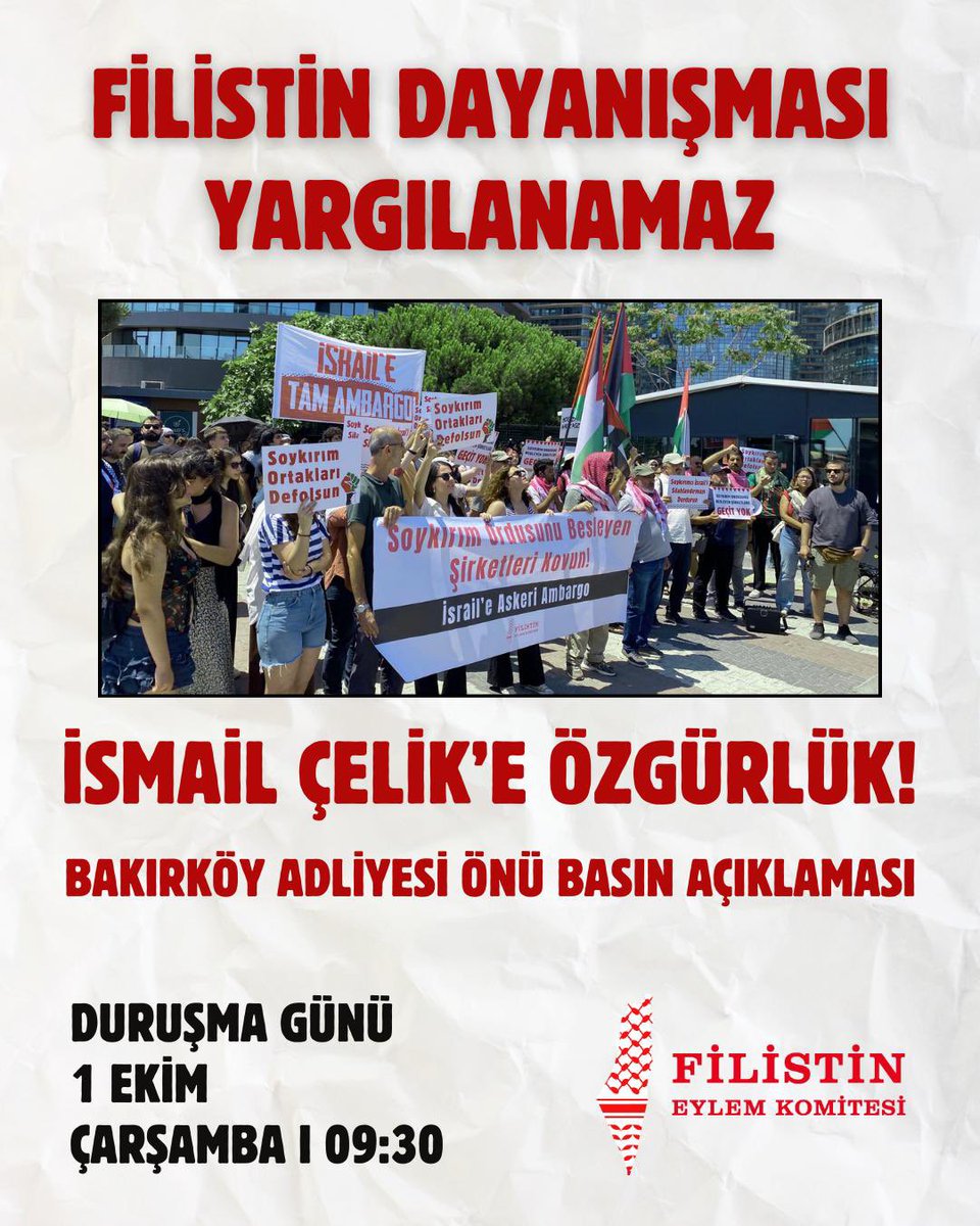 Soykırımcı İsrail’e silah ve mühimmat temin eden şirketlerin yer aldığı IDEF2025’i protesto ettiği için 12 Filistin dostu yargılanmak isteniyor!

Bu davada yargılanan Filistin dostu İsmail Çelik 2 aydır tutuklu! 

İsmail’e özgürlük İsrail’e tam ambargo demek için basın