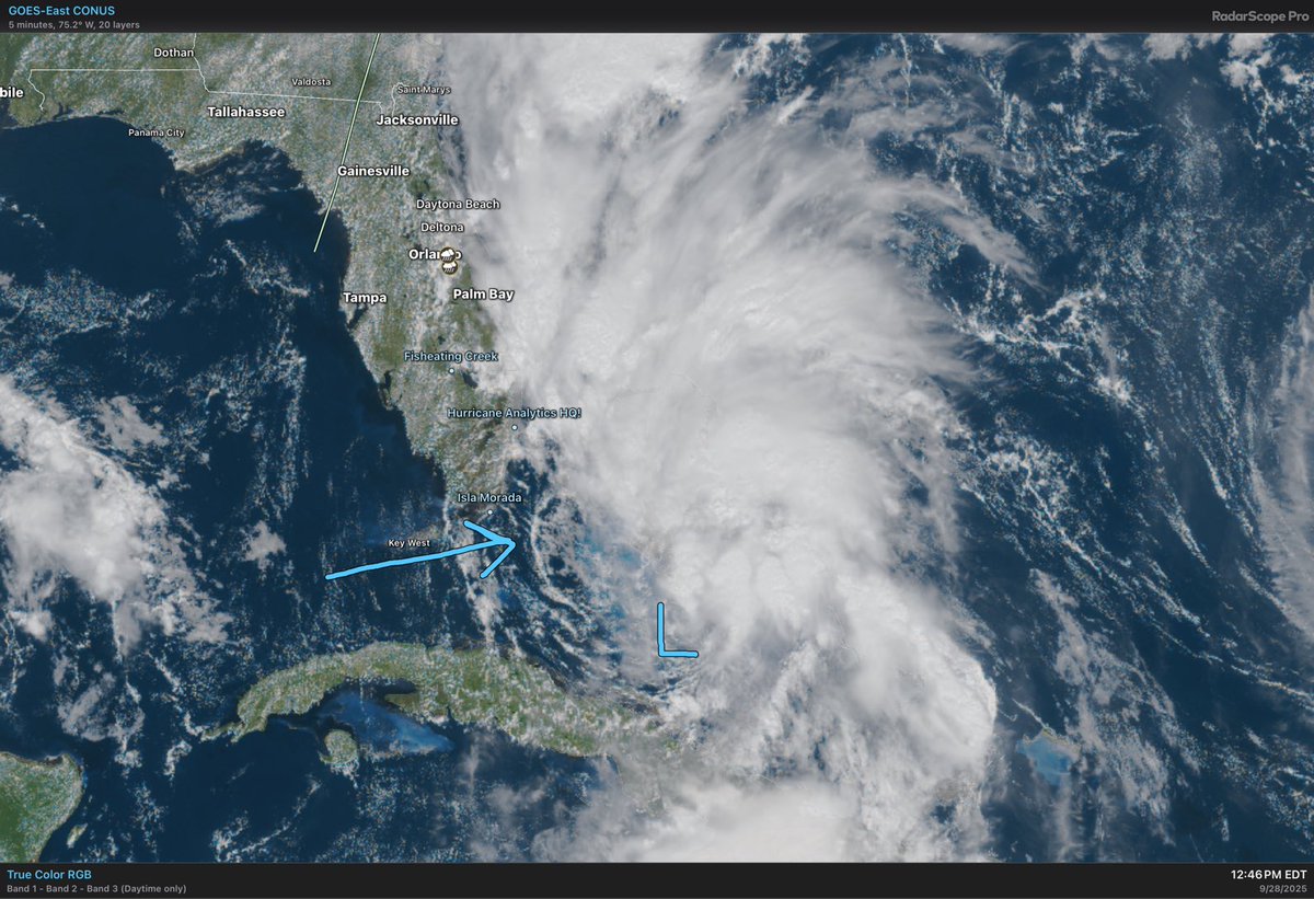 watkinstrack's tweet photo. Latest visible imagery for #TD9 showing what looks to be a better organized low-level (and mostly exposed) center (approx. where I put the L)
However, arc clouds just to the west moving away from the low center, not toward, suggests downward motion in the circulation envelope. https://t.co/qrYydwfphy