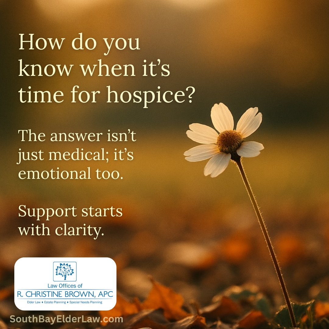 rchristinebrown's tweet image. How do you know when it's time for hospice? The answer isn't just medical; it's emotional, too.

Support starts with clarity about what matters most to you.

📞 (310) 782-6322
🌐SouthBayElderLaw.com  

#HospiceCare #EndOfLifePlanning #HealthcareDirective #AdvanceDirectives