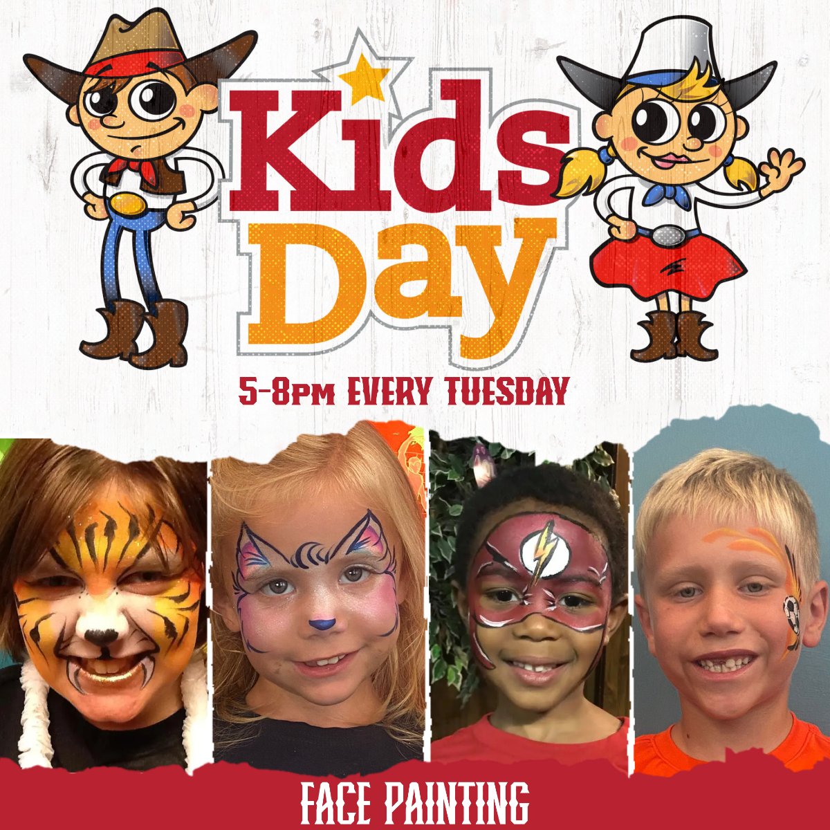 This Tuesday we will have a Face Painter here at the Cottleville Pizza Ranch!  Not only will Kids Eat Free with a paid adult, they'll also get their face painted for free!  Come on over and have a blast!
