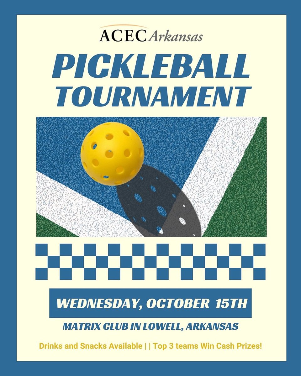 🏓 Pickleball Tournament coming soon!
💰 Cash prizes • 👫 2-player teams: $300
🤝 Sponsorships: $250–$1500
🎟 Spectators: FREE!
Spots are going fast—register now!
🔗 arkansasengineers.org/pickleball-tou…