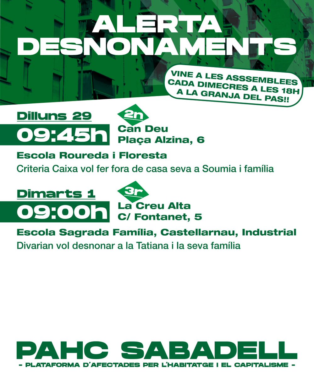 ⚠️ Aquesta setmana tenim dos desnonaments amb menors! 

🏡 Sense habitatge no hi ha educació! Vine a aturar-los amb nosaltres! 🇵🇸🇵🇸🇵🇸