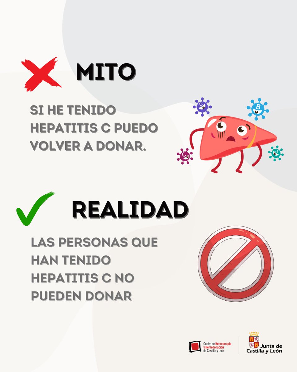 #DíaMundialHepatitisC | Mitos y realidades sobre donar sangre:
❌ Mito: “Puedo contagiarme donando”.
✅ Realidad: Imposible. Todo el material es estéril y de un solo uso.
❌ Mito: “No siempre se detecta”.
✅ Realidad: Cada donación se analiza a fondo.
💉 Donar es seguro