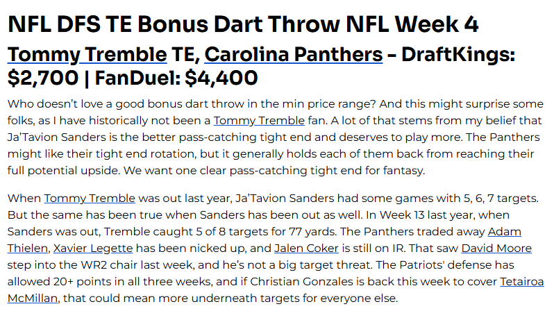 The Tommy Tremble DFS dart throw already hits, you love to see it