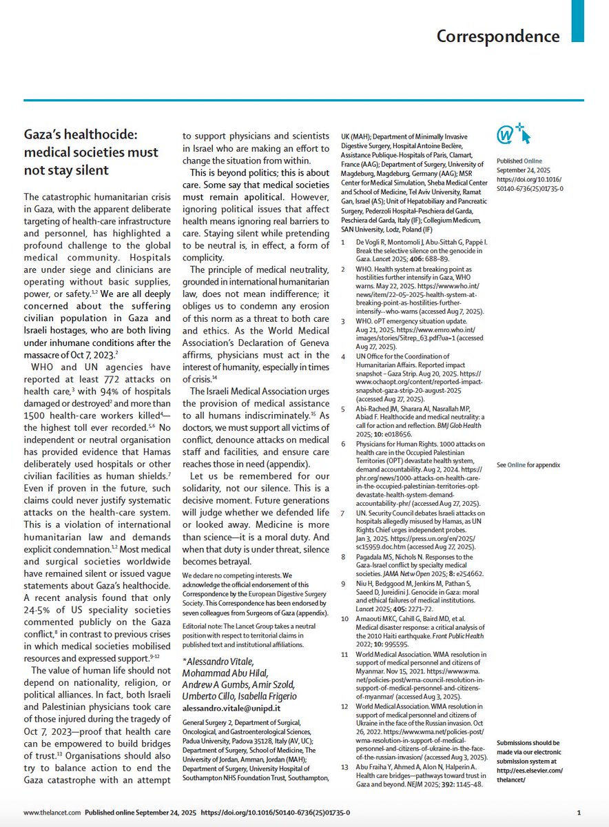 Isabella Frigerio (@iisifrigerio) on Twitter photo @GazaHealthocide: medical societies must not stay silent" published in <a href="/TheLancet/">The Lancet</a>
It has been a great collaborative effort🇮🇹🇵🇸🇺🇸🇮🇱, and I really think that this Letter tells much more than the words it's made of. 
full text here lnkd.in/eeUXQeAD 
🙏<a href="/EDSurgery/">EDS</a> @GazaHealthocide: medical societies must not stay silent" published in <a href="/TheLancet/">The Lancet</a>
It has been a great collaborative effort🇮🇹🇵🇸🇺🇸🇮🇱, and I really think that this Letter tells much more than the words it's made of. 
full text here lnkd.in/eeUXQeAD 
🙏<a href="/EDSurgery/">EDS</a>