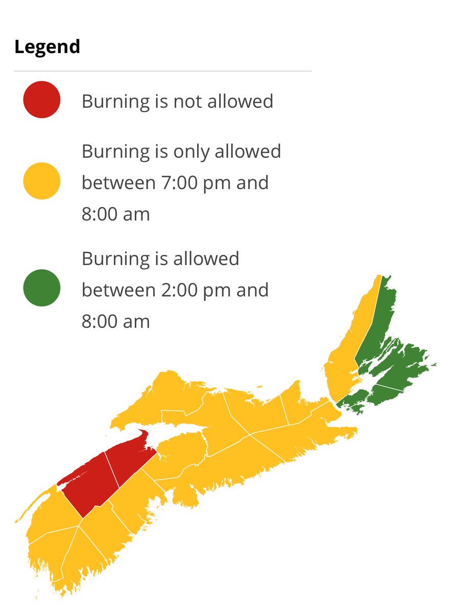 NS_DNR's tweet photo. Burning is not permitted between 8am and 2pm. Check before you burn and know your municipal bylaws. https://t.co/ei1E0TDQY0
 
Full burn ban remains in place for Annapolis County due to the Long Lake wildfire. https://t.co/tYewEqFIhM