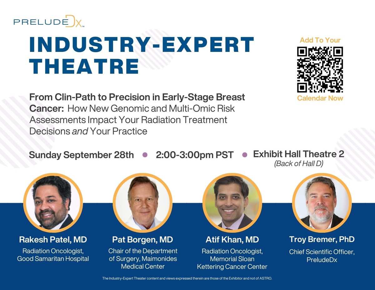 You’re invited to PreludeDx's Industry-Expert Theatre at #ASTRO2025!
Join PreludeDx's panel as they highlight new Red Journal research and explore how genomic and multi-omic assessments impact your radiation treatment decisions in early-stage breast cancer.
9/28 @ 2PM, Exhibit