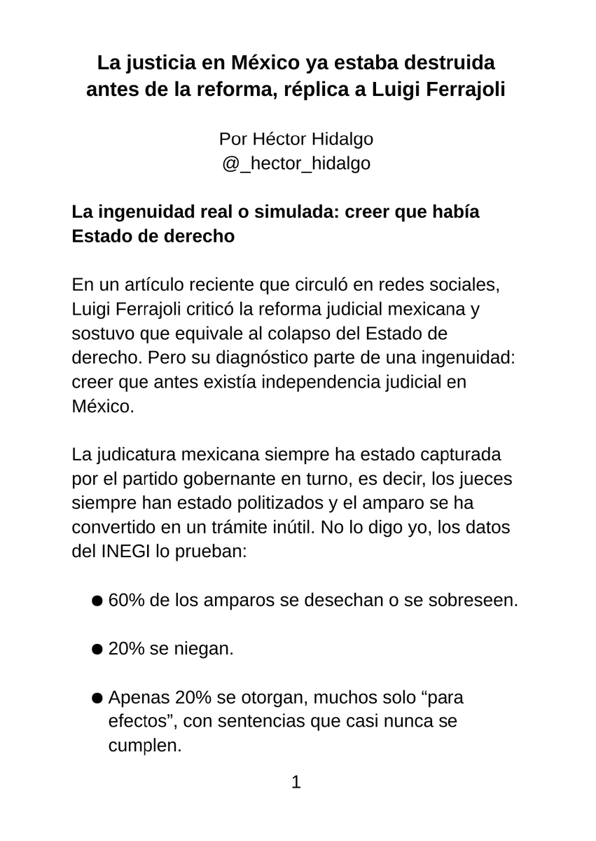 _hector_hidalgo's tweet photo. Les comparto mi réplica al artículo de Luigi Ferrajoli.

"La justicia en México ya estaba destruida antes de la reforma", por Héctor Hidalgo. 🖊️

Será lo mejor que leerán en el año. https://t.co/dI7Zvr4OwY