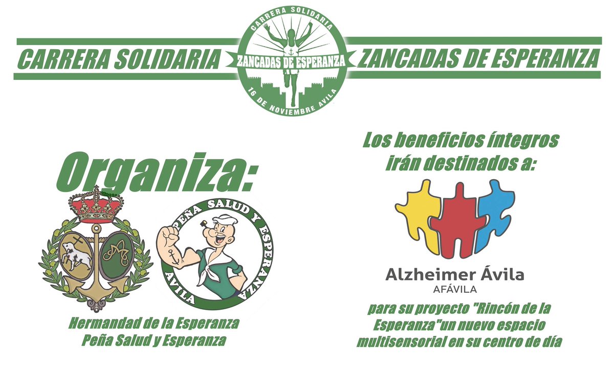 LA VIII EDICIÓN DE LA CARRERA SOLIDARIA “ZANCADAS DE ESPERANZA” IRÁ DESTINADA A LA ASOCIACIÓN ALZHEIMER ÁVILA.

Todos los beneficios íntegros de nuestra Carrera Solidaria del próximo 16 de noviembre se destinarán al proyecto “Rincón de la Esperanza”.