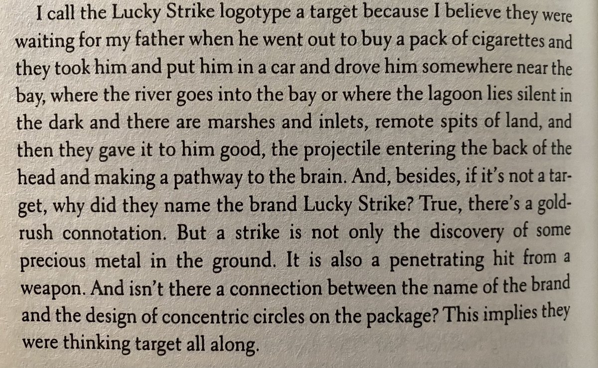One of my favorite chapters so far in DeLillo’s Underworld. I read this passage as an expression of insidious marketing vis-à-vis American folklore and good lord does it fuck.