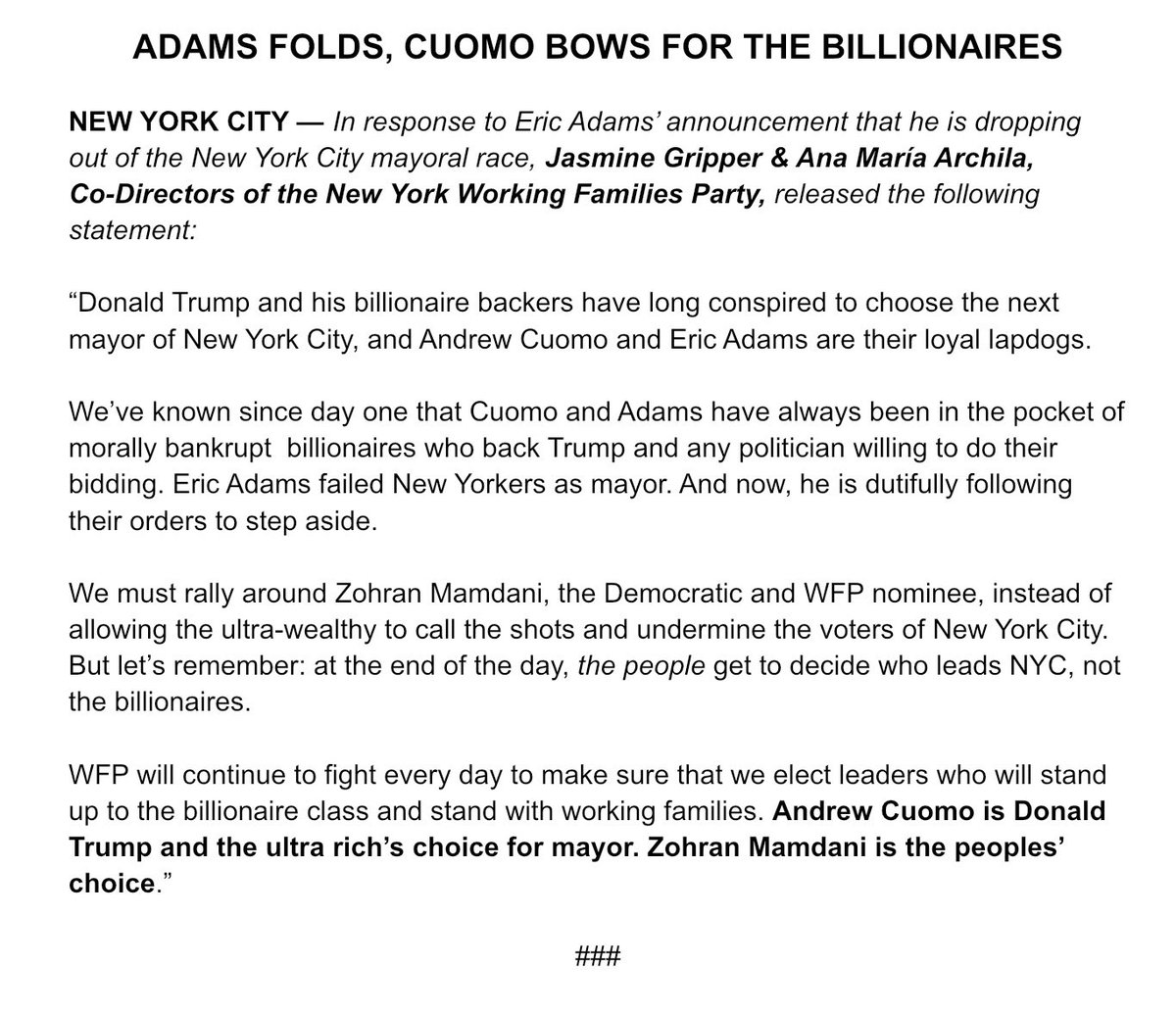 Andrew Cuomo is Donald Trump and the ultra rich’s choice for mayor. Zohran Mamdani is the peoples’ choice.