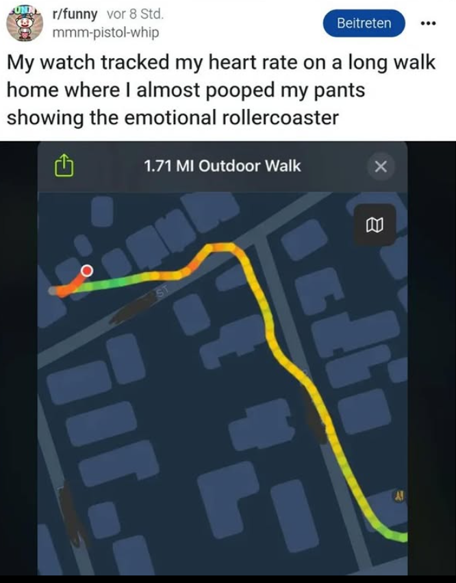 Puls-Uhr Aufzeichnung auf dem Heimweg von jemandem, der richtig dringend kacken musste. Nachvollziehbar!