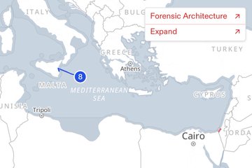 A map of the Mediterranean Sea and surrounding regions, including Greece, Italy, Malta, Cyprus, Syria, Jordan, and Egypt. Blue and yellow lines mark ship routes, with numbered points like 8 near Malta and 43 in the sea. Red and blue markers indicate specific ship locations, including the Libyan ship Omar al-Mukhtar. Text overlay reads "Forensic Architecture" with an "Expand" option.