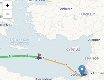 A map of the Mediterranean Sea and surrounding regions, including Greece, Italy, Malta, Cyprus, Syria, Jordan, and Egypt. Blue and yellow lines mark ship routes, with numbered points like 8 near Malta and 43 in the sea. Red and blue markers indicate specific ship locations, including the Libyan ship Omar al-Mukhtar. Text overlay reads "Forensic Architecture" with an "Expand" option.