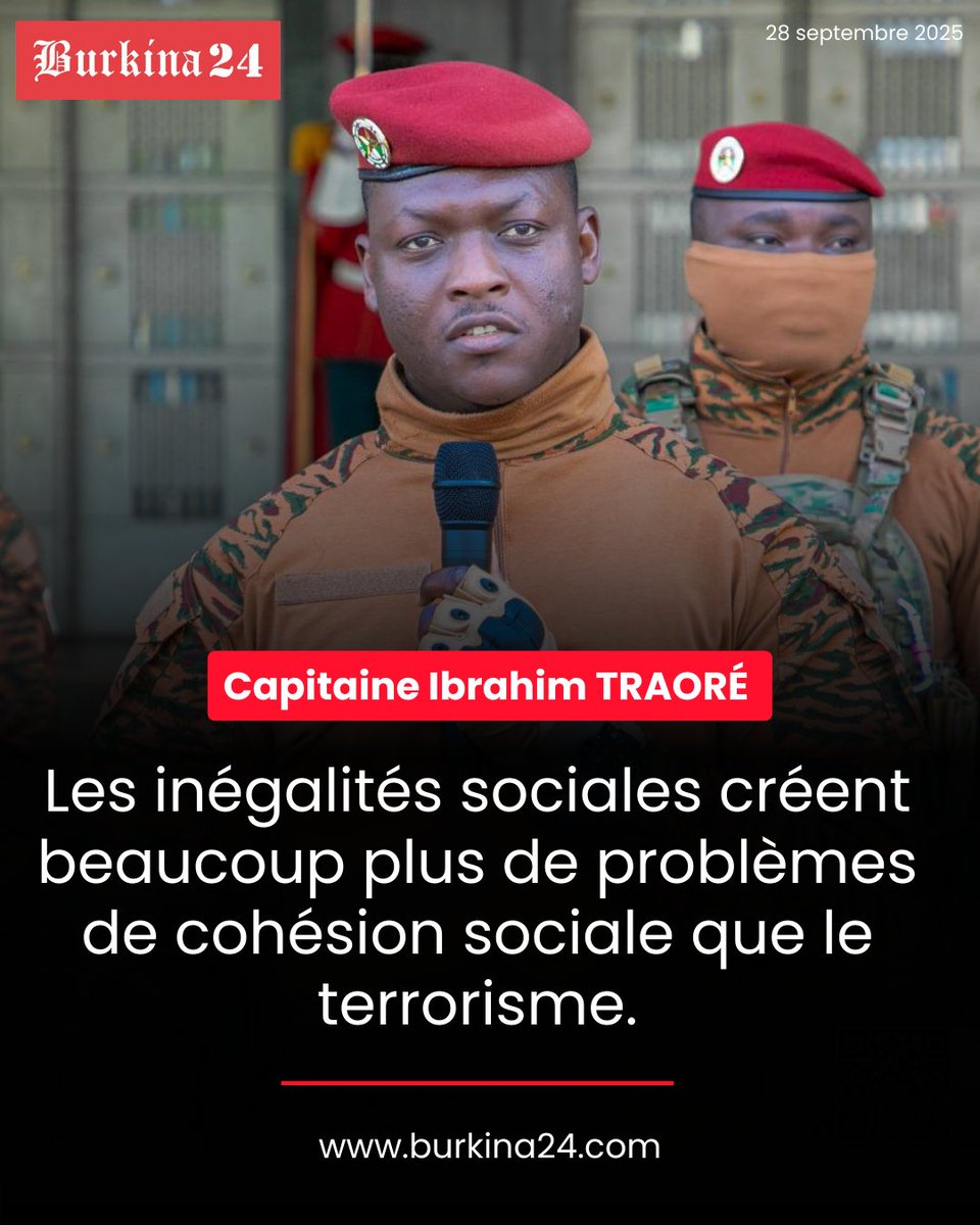 🔴🇧🇫✊🏿 « Les inégalités sociales créent beaucoup plus de problèmes de cohésion sociale que le terrorisme » 

Suivez le Grand entretien : 90 minutes avec le Capitaine Ibrahim TRAORÉ

Ici 👉🏿 youtube.com/live/7KVQMiJF6…. 

👉🏿 fb.watch/CppNG5mu-x/?.  

 #BurkinaFaso #aes #Ib