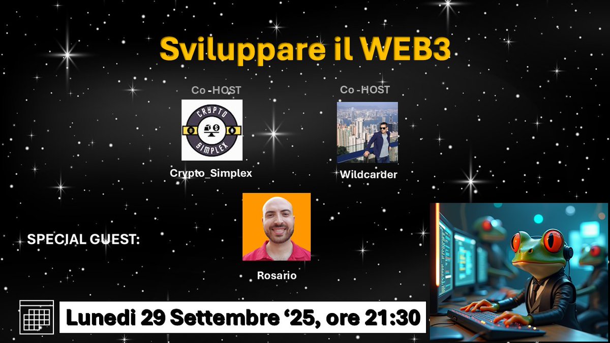 Crypto_Simplex's tweet image. 🎙️ Stasera con il mio amico @thewildcarder Space su Web3 con @rosarioborgesi 🚀
Ci siamo conosciuti a @ethna_rocks , e grazie a questi eventi nascono incontri e nuove idee.
Parleremo di Web3 🇮🇹🌍 e a proposito di eventi a ottobre @ETHRome : non mancate! 🏛️
💻 in diretta su X…
