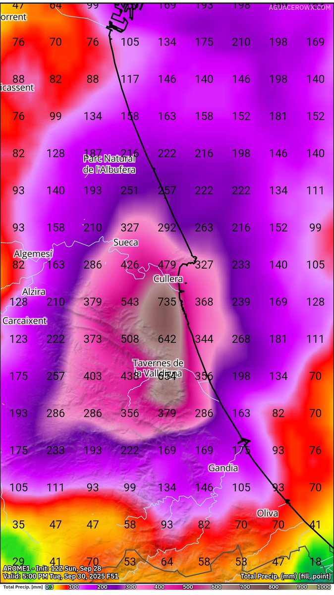 Los pronósticos actualizados son realmente alarmantes para los relieves costeros de medianías y cerros abruptos. El entorno de #Cullera y #Tavernes se encuentra bajo pronóstico de #FMAExtremo y #AlertaMáxima.

EXTREMEN LA PRECAUCIÓN ‼️ 
C/c: <a href="/GVA112/">Emergències 112CV</a>