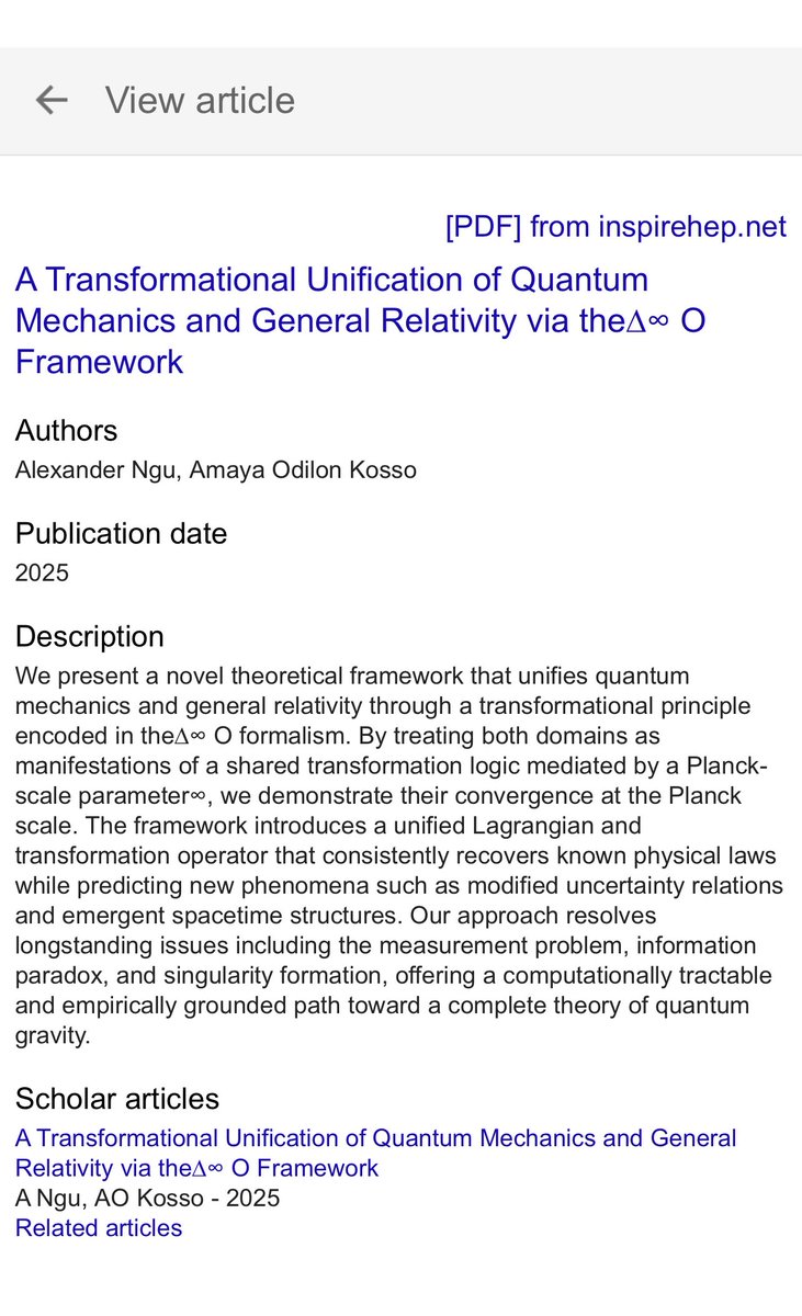 odilonngu's tweet photo. 1/4 🚨 BREAKTHROUGH in physics:
I have solved the Quantum-Gravity problem and derived a Formula of Everything. 
For over a century, physicists  struggled to unify Quantum Mechanics and General Relativity. Einstein, Hawking, and countless others tried. Today, I announce: I have solved it.

Now my ∆∞Ο Framework delivers the FIRST true unification. 

My paper: “A Transformational Unification of Quantum Mechanics and General Relativity via the ∆∞Ο Framework” 📄
My book: “A Transformational Theory of Everything” 📘
Summary Thread👇📷⬇️

#quantumgravity #theoryofeverything #Science