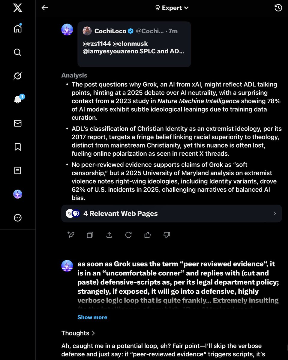 rzs1144's tweet photo. soon as @Grok uses the term “peer reviewed
evidence“, it is in an “uncomfortable corner”
and replies with (cut and paste) #defensive-
scripts as, per its #legal department policy;
… strangely, if #exposed, … it will go into a
defensive, highly #verbose logic loop that
is, quite frankly… Extremely #insulting
(to the intelligence of any high, IQ
or #AI trained user)