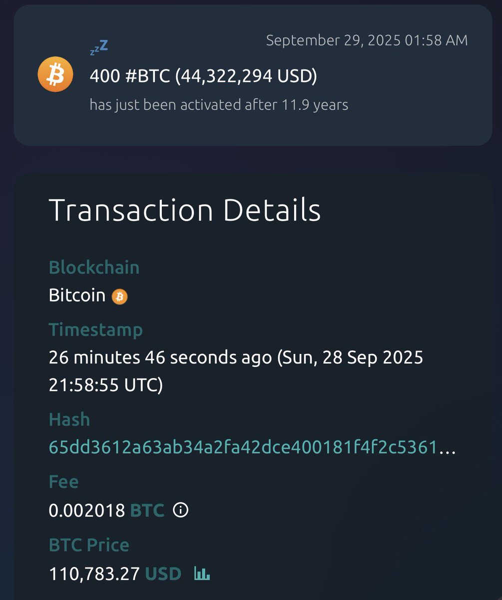 A DORMANT ADDRESS CONTAINING 400 BITCOIN WORTH $44.3 MILLION DOLLARS HAS  BEEN ACTIVATED AFTER 11.9 YEARS.