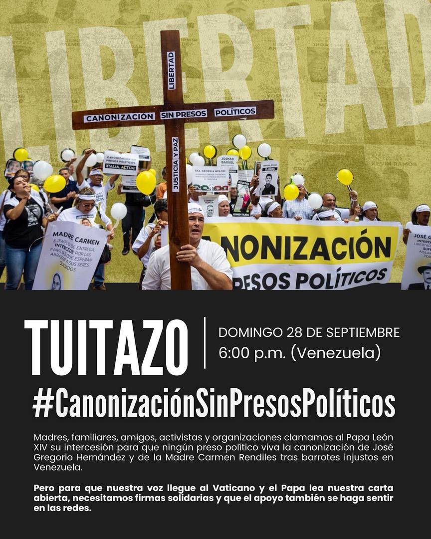 alcaldeledezma's tweet image. *📢 YA COMENZÓ EL TUITAZO | #CanonizaciónSinPresosPolíticos*

Comenzamos el tuitazo solidario para que nuestra voz llegue hasta el Vaticano y pedir que la canonización de Madre Carmen Rendiles y Dr. José Gregorio Hernández sea también un clamor de libertad plena para todos los…