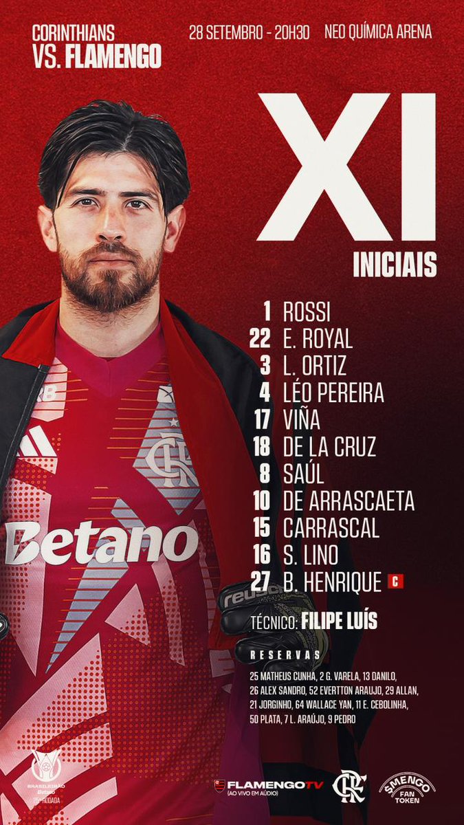 Flamengo escalado com novidades. Royal, Viña, De la Cruz, Carrascal e Bruno Henrique entram no time titular.