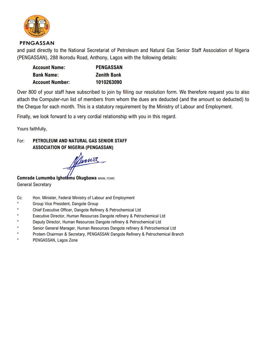 DPRP_PENGASSAN's tweet photo. PENGASSAN officially notified the Management of Dangote Petroleum Refinery and Petrochemicals on September 22, 2025, that the company's Senior and Middle Management Staff have been successfully organized into the union, in line with extant laws. https://t.co/GQd6XtwSnQ