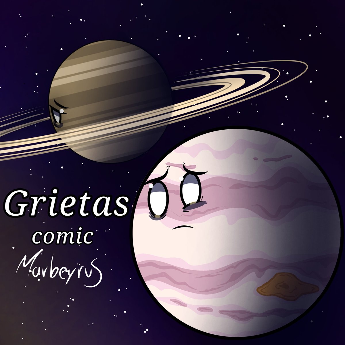 "Grietas", nuevo cómic. Portada. Saturnoxjupiter 🪐📖

Se han preguntado cómo fué que estos dos de reconciliación después del CAP. "El ejercito de lunas"? 
Pues de esto va mi cómic NO canon, esto sucede después del cap. "donde está júpiter?"

#solarballs #solarballsart