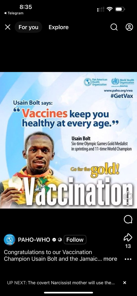 Covid Vaccine Promotor Usain Bolt 39 years of age 🏃‍♂️ 

‘I get out of breath walking up stairs’: Olympic icon Usain Bolt’s shock revelation

Usain Bolt has stunningly revealed he huffs and puffs when he climbs a flight of stairs. 

The Jamaican sprinting legend, the fastest human