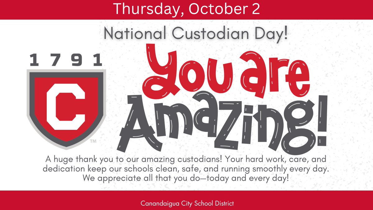 October 2 is NATIONAL CUSTODIAN DAY! We have an amazing team that goes above and beyond to make our school shine! THANK YOU! 
#CanandaiguaProud #nationalcustodianday