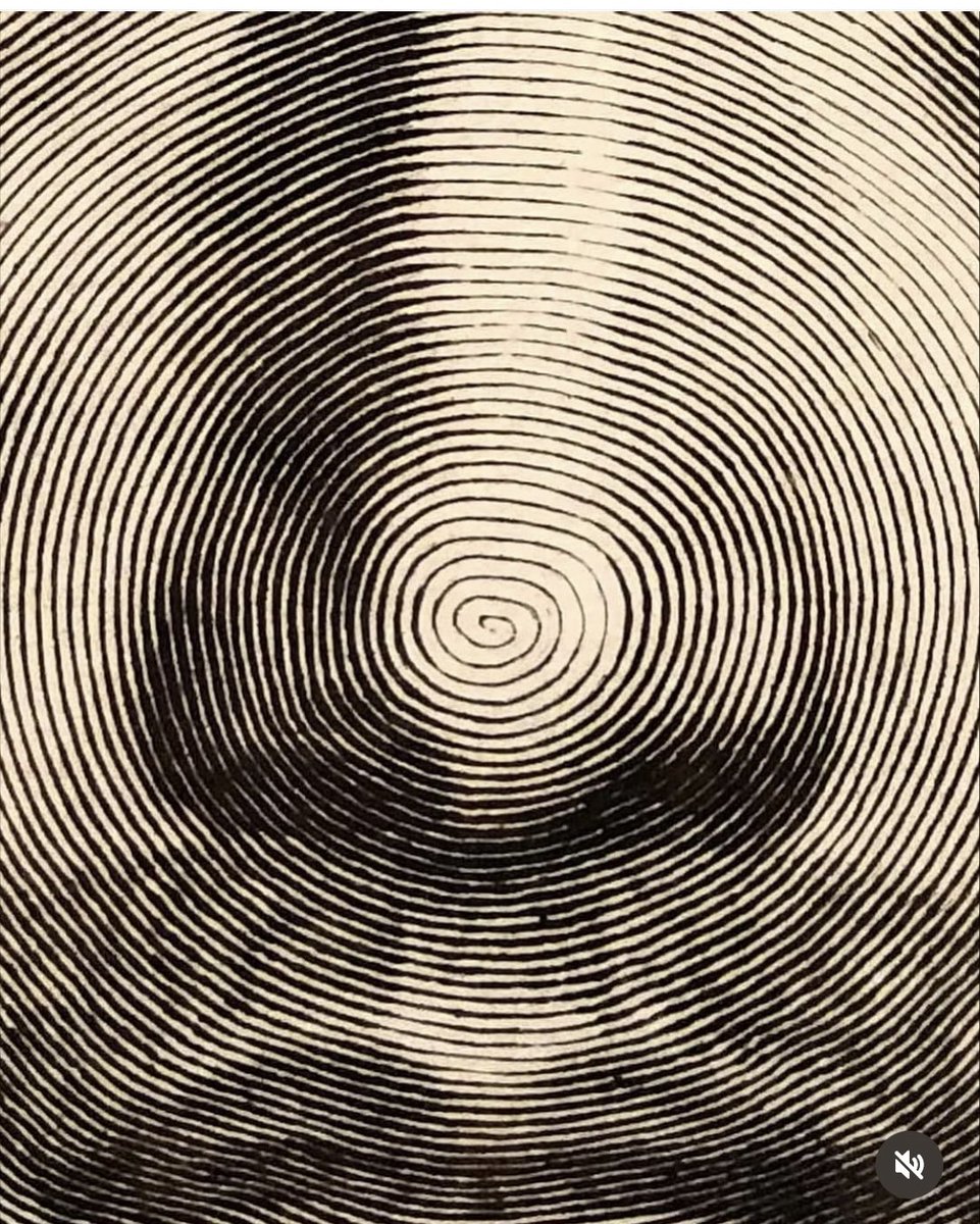 Fascinating! 
Claude Mellan's Face of Christ, also known as The Sudarium of Saint Veronica (1649), is a singular work in art history. Engraved with a single, continuous spiral line starting at the tip of Christ's nose, the image was created without any crosshatching or outlines.