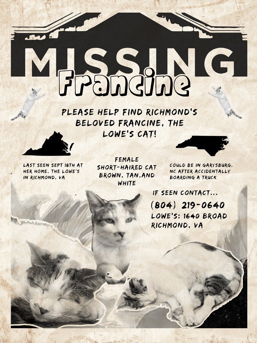 I made a flyer with the most recent info I know on Francine. 

Please share, print or whatever you want with it, especially if you know anyone in Garysburg, NC area. I’ve been following (at)wheresfrancine on Instagram for updates.
