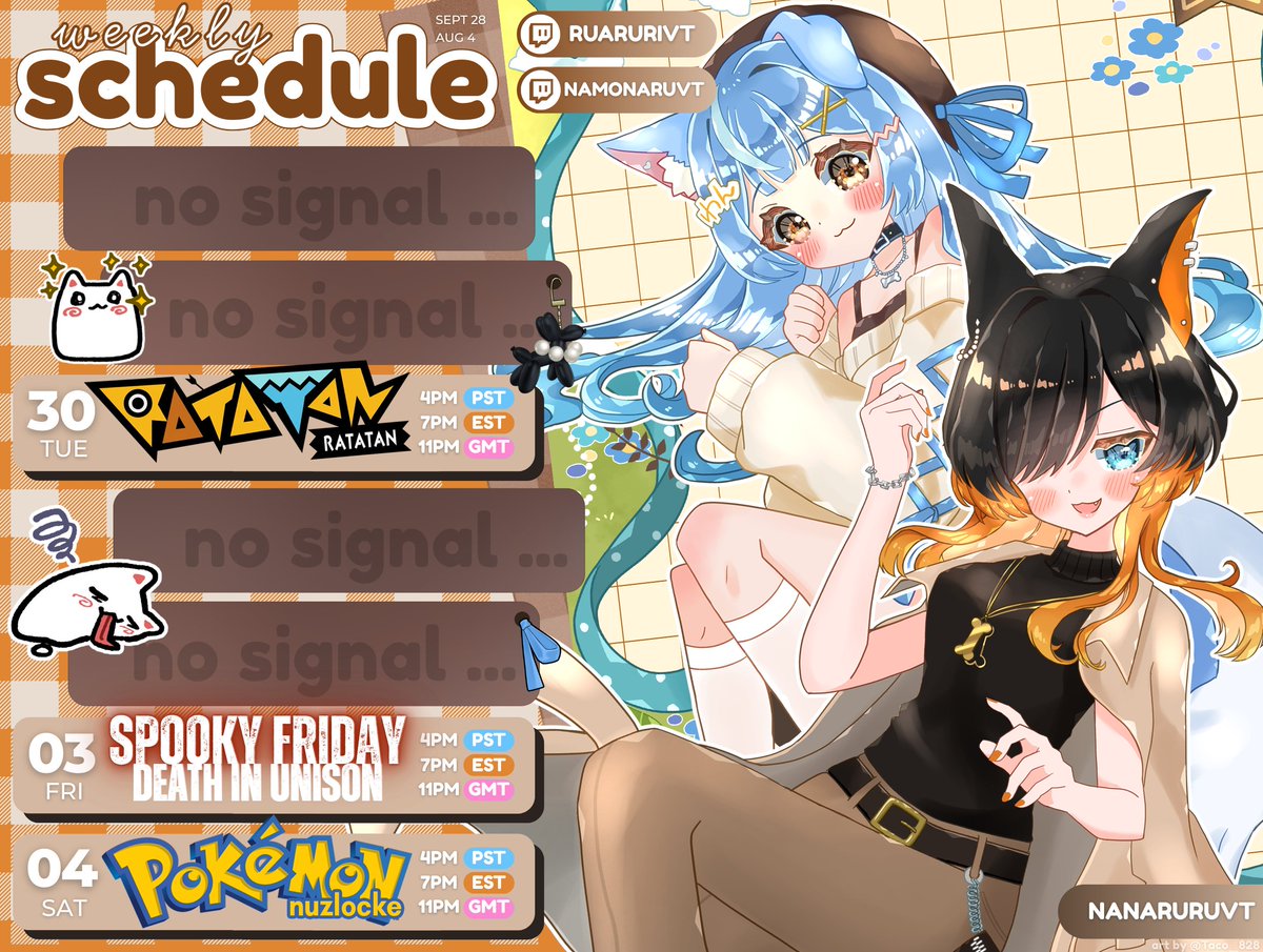 NanaruruVT's tweet image. ⋆⁺₊🐶📡WEEKLY SCHEDULE【09/28→ 10/04】

SPOOOKYYY OCTOBER IS HEREEEEEEEEE
------------------------------------------
🎥#puppoclips
✏️#naruoodle
🔞#puppo34
🐶🐶#nanaruruvt