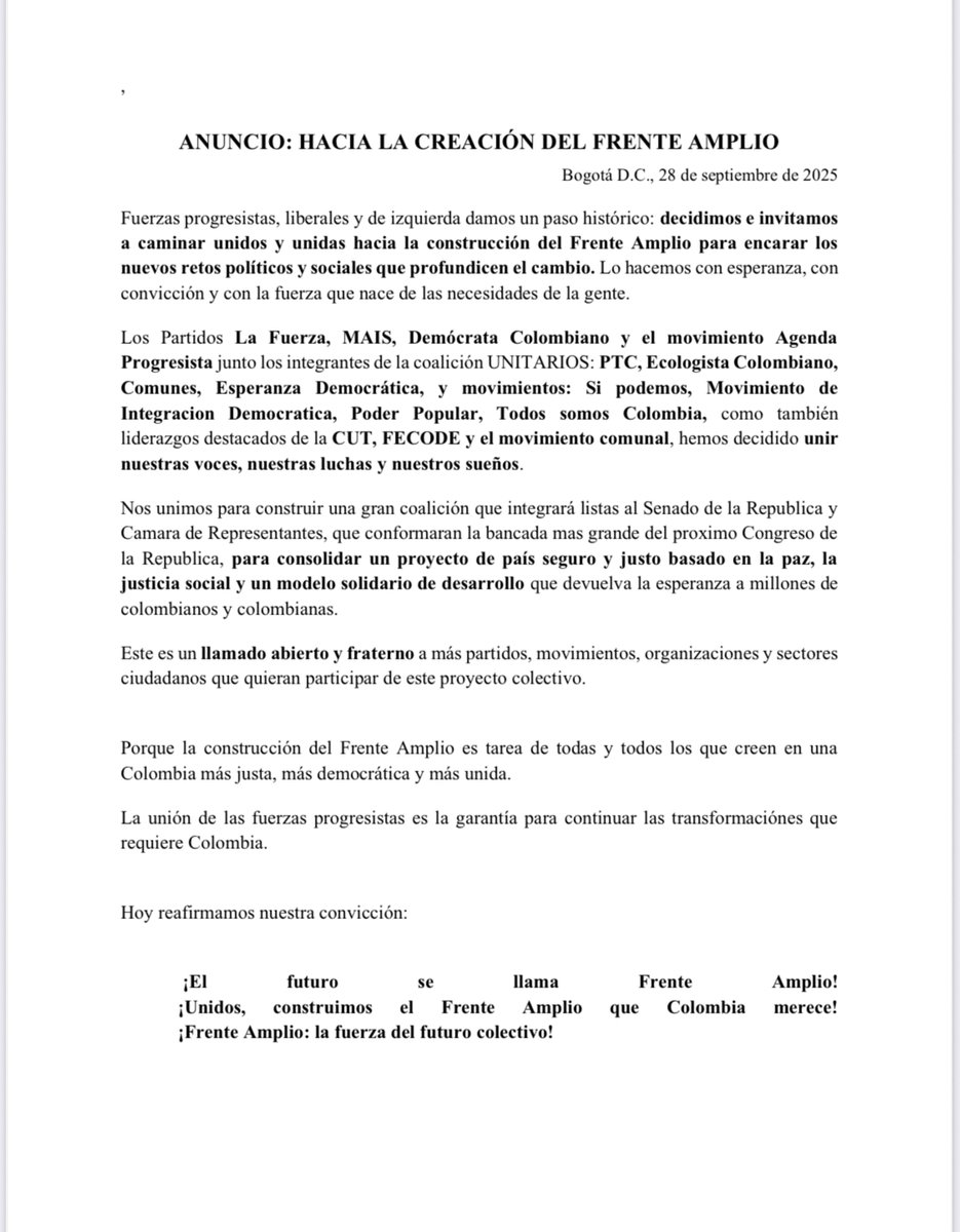 UnitariosCol's tweet image. Hoy nace el Frente Amplio con el impulso de 7 partidos con personería de izquierda y progresistas, movimientos políticos y sociales, con destacados liderazgos en la CUT, FECODE y movimientos comunales. Vamos a ser la mayor fuerza en el congreso del 2026 #UnidadEnElFrenteAmplio