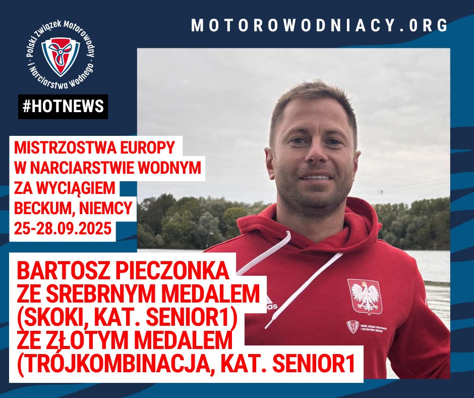 #Hotnews🔥 i to jaki❗Na zakończenie ME w narciarstwie wodnym za wyciągiem (Beckum, Niemcy) swoją medalową kolekcję powiększa niesamowity Bartosz Pieczonka. Nasz reprezentant zdobywa SREBRNY MEDAL 🥈w skokach i ZŁOTY MEDAL 🥇w trójkombinacji w kategorii Senior 1.
#motorowodniacy