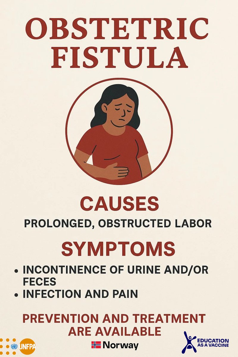 End Obstetric Fistula.
 Prolonged, obstructed labor causes fistula. 
Skilled care during childbirth can save lives.
👉 Support maternal health services.

#SRHRU