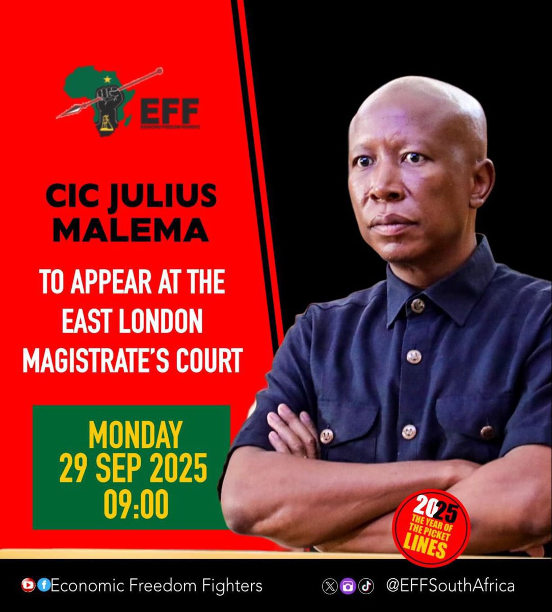 ♦️Do Not Miss It♦️

The President and Commander-In-Chief,  <a href="/Julius_S_Malema/">Julius Sello Malema</a> will be appearing in the East London Magistrate's Court, in Eastern Cape.

The handing down of the judgement will take place under the following details:

Date: Monday, 29 September 2025
Time: 09H00